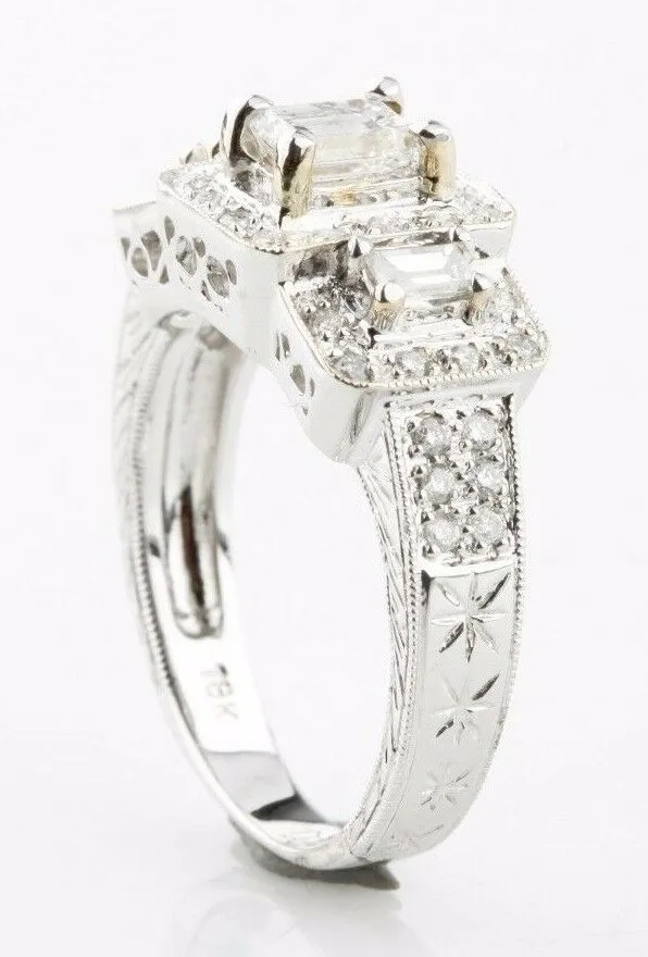 0.95 carat 3-Stone Emerald Cut Diamond 18k White Gold Engagement Ring 6.75