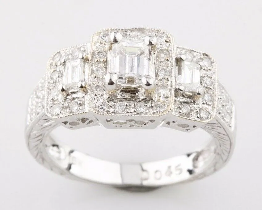 0.95 carat 3-Stone Emerald Cut Diamond 18k White Gold Engagement Ring 6.75