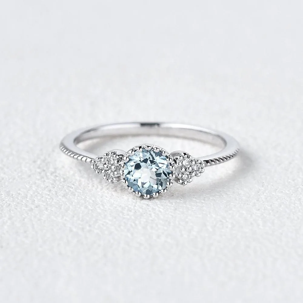 1.0ct Aquamarine Floral Milgrain Vintage Solitaire Ring