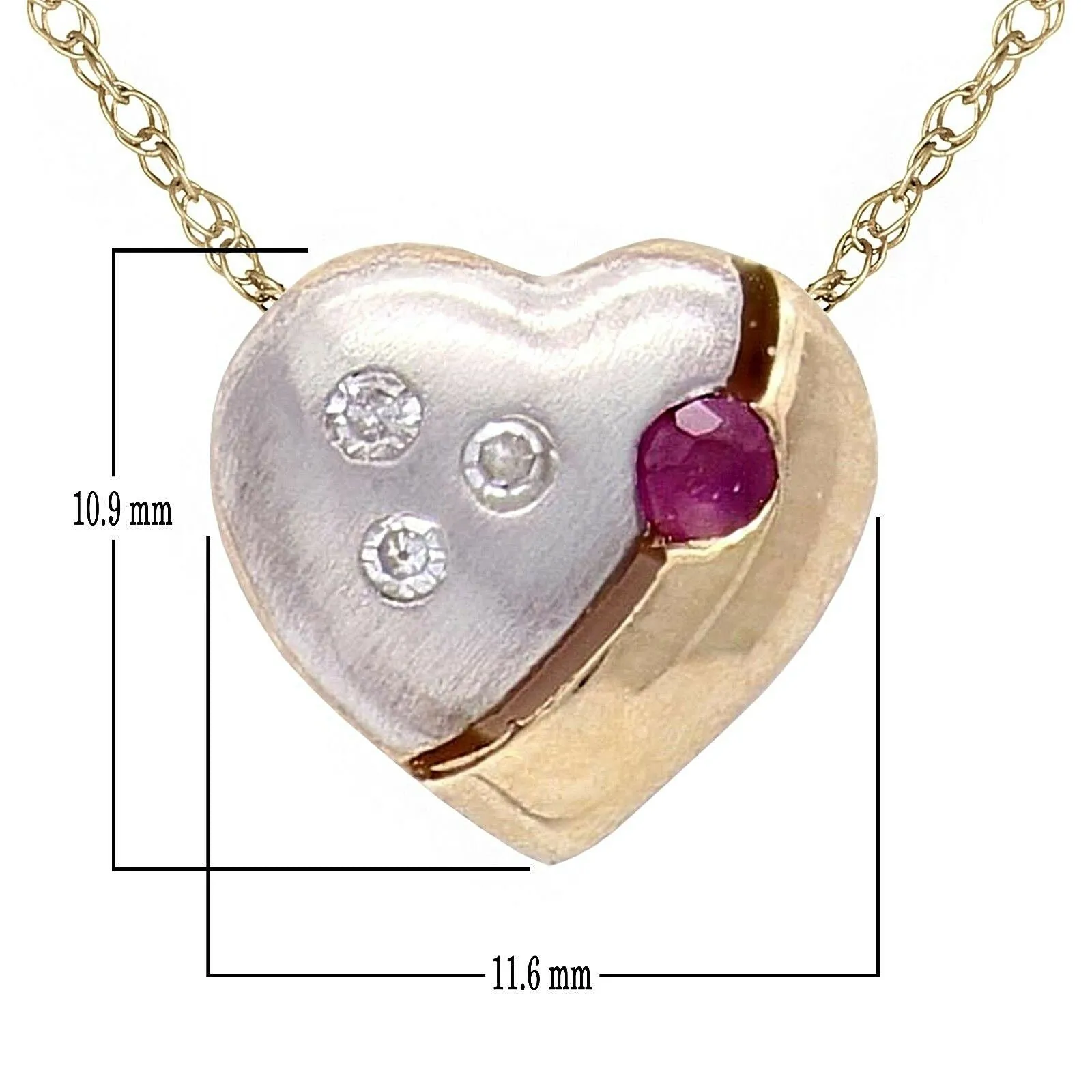 10k Two Tone Gold 18" Necklace with Heart Ruby & Diamonds Charm Round Pendant