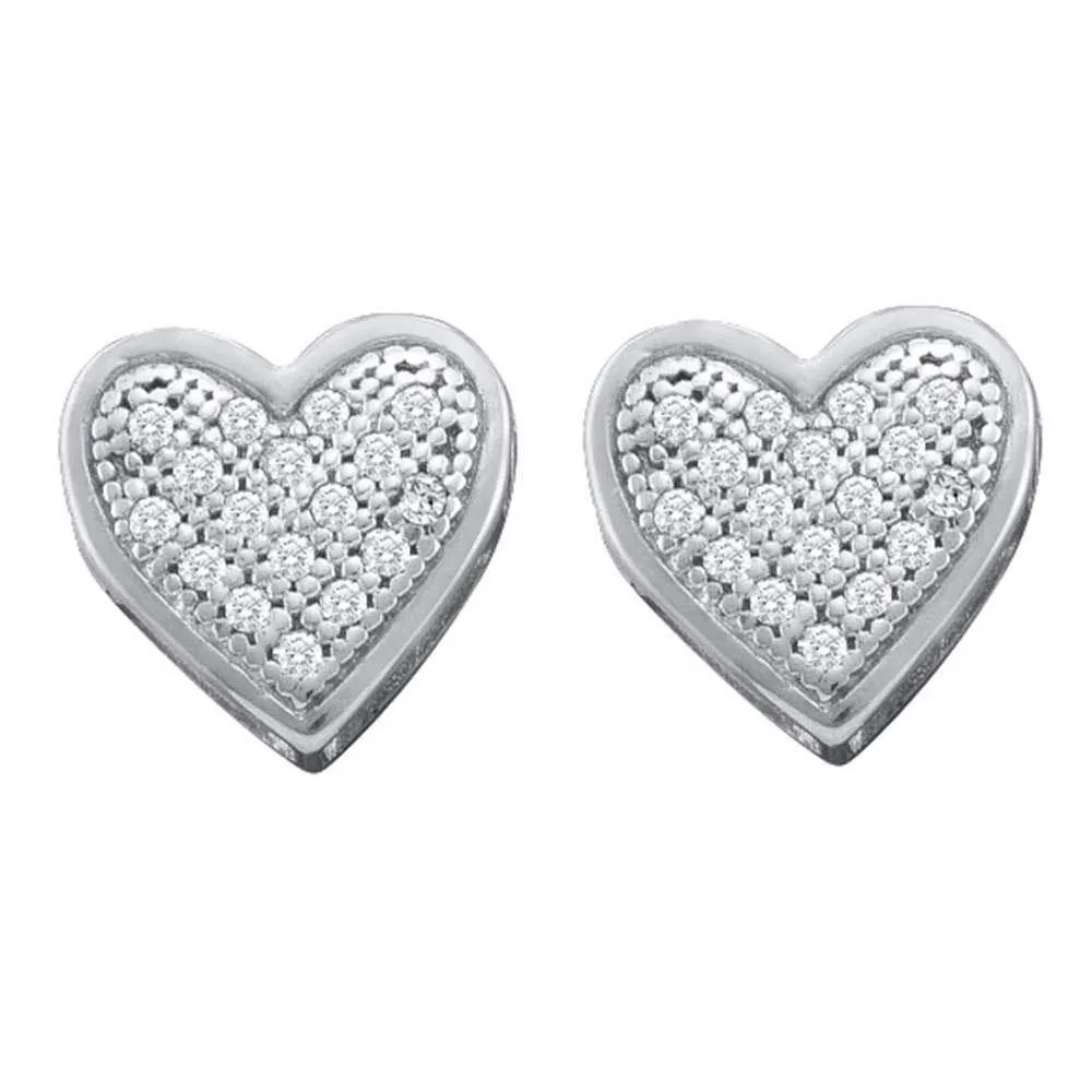 10K White Gold Round Diamond Heart Screwback Earrings 1/10 Cttw