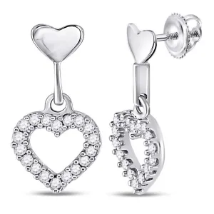 10K White Gold Round Diamond Small Heart Dangle Screwback Earrings 1/5 Cttw