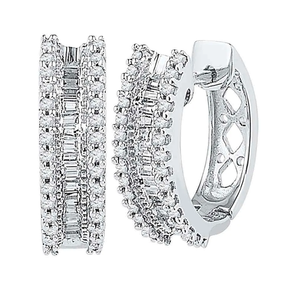 10kt White Gold Womens Round Baguette Diamond Hoop Earrings 1/2 Cttw