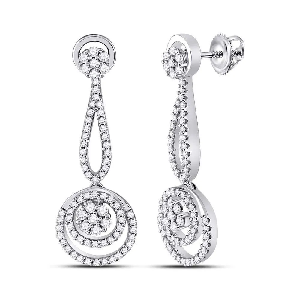 10kt White Gold Womens Round Diamond Circle Cluster Dangle Earrings 1.00 Cttw