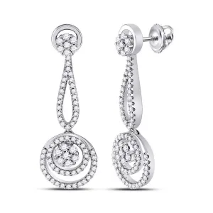 10kt White Gold Womens Round Diamond Circle Cluster Dangle Earrings 1.00 Cttw