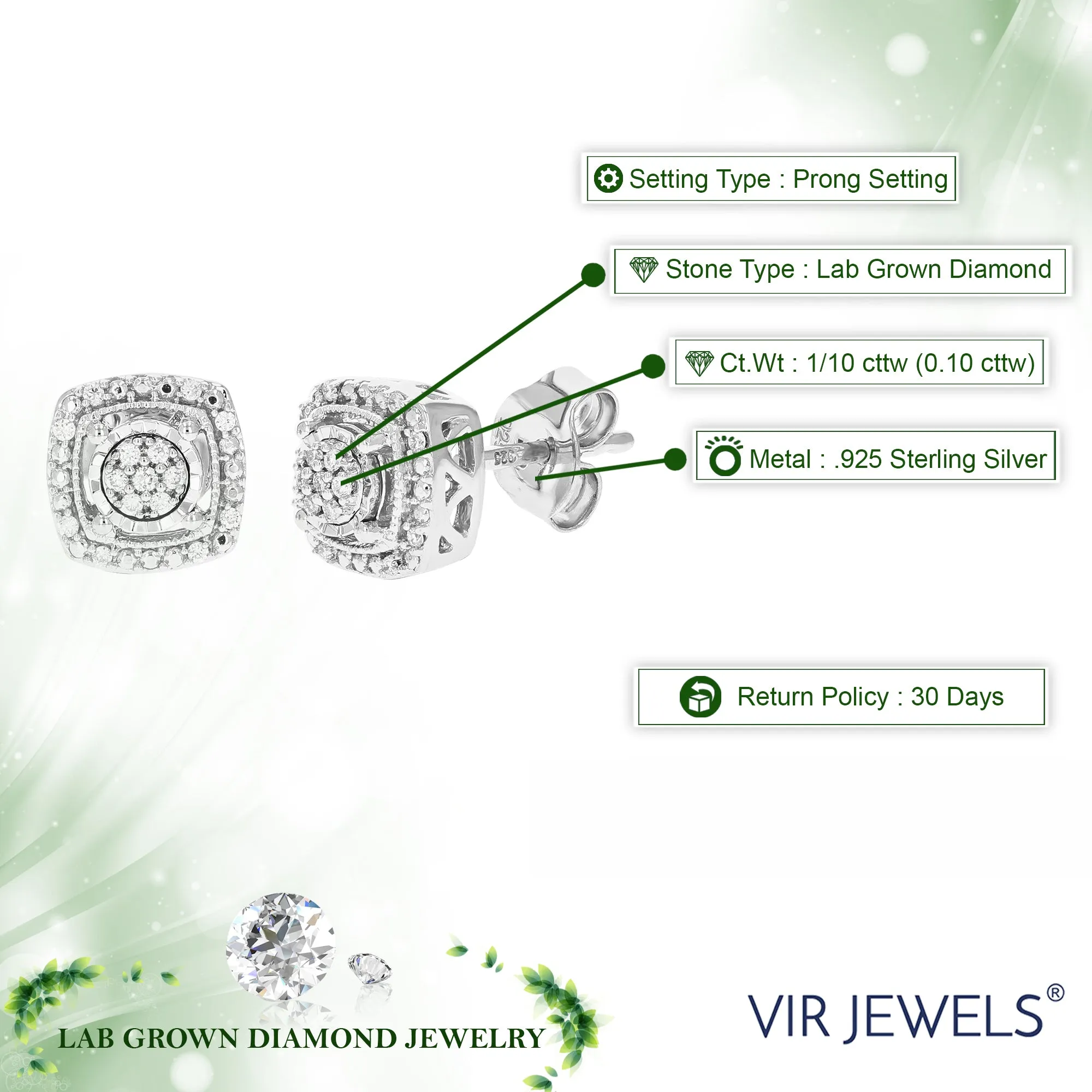 1/10 cttw Diamond Vintage Cushion Stud Earrings in Sterling Silver