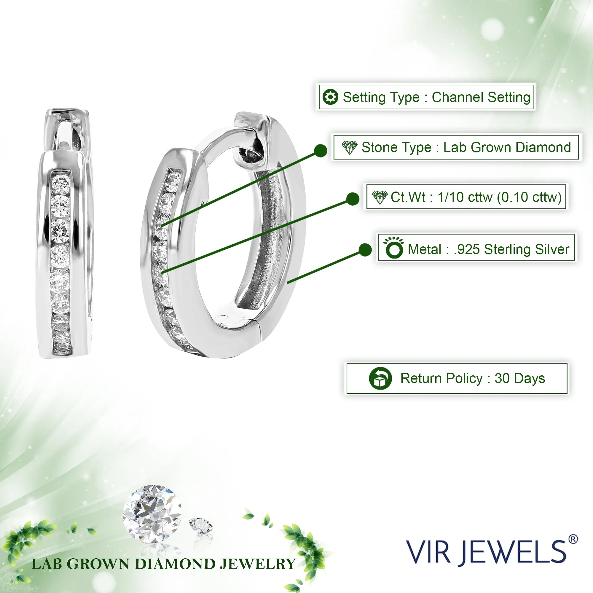 1/10 cttw Lab Grown Channel Diamond Hoop Earrings in Sterling Silver