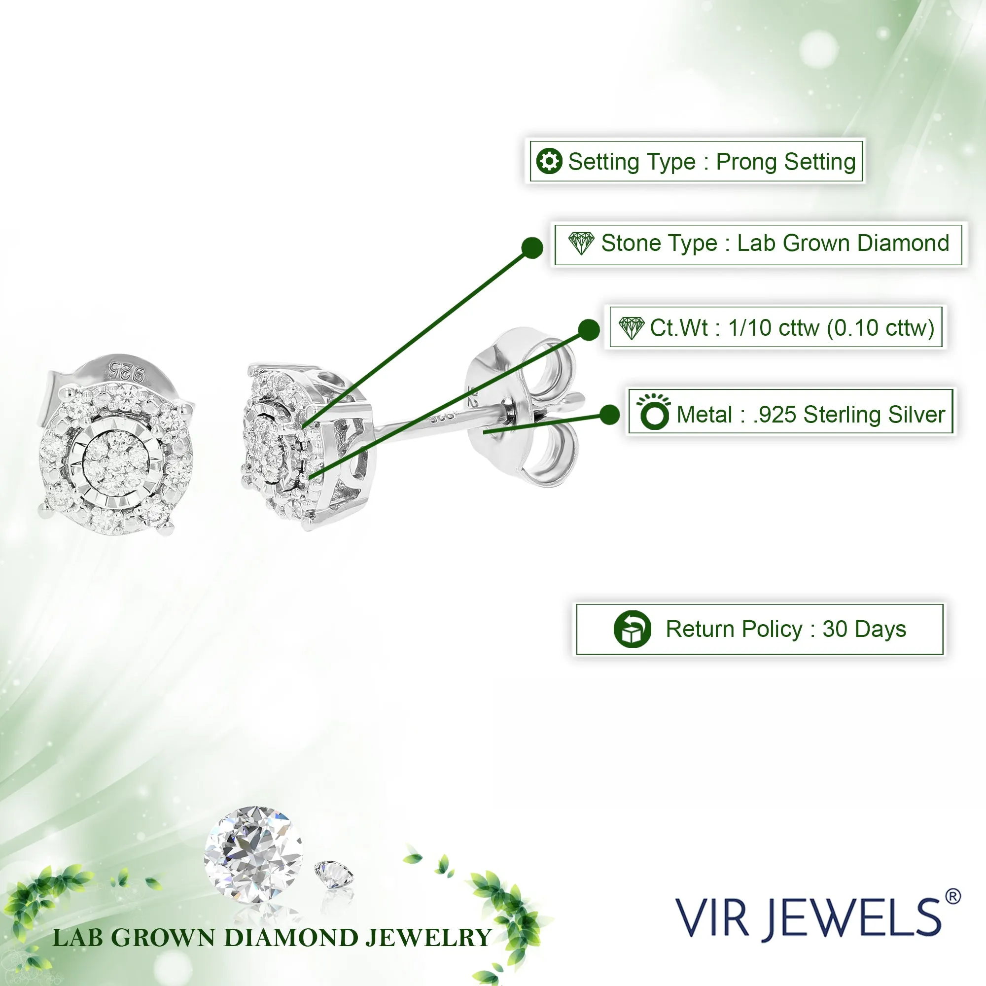1/10 cttw Round Composite Diamond Stud Earrings in Sterling Silver