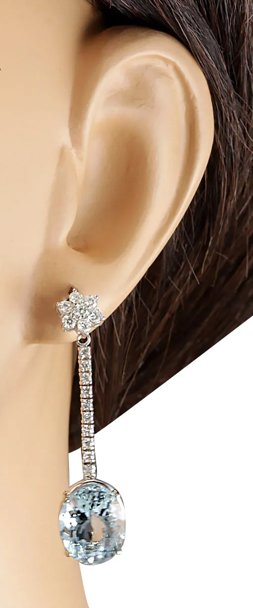 11.69 Carat Natural Aquamarine 14K White Gold Diamond Earrings