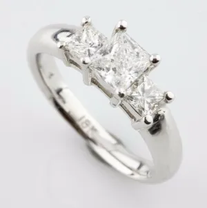 1.26 carat Princess Cut Diamond 3-Stone 18k White Gold Engagement Ring Size 6.5