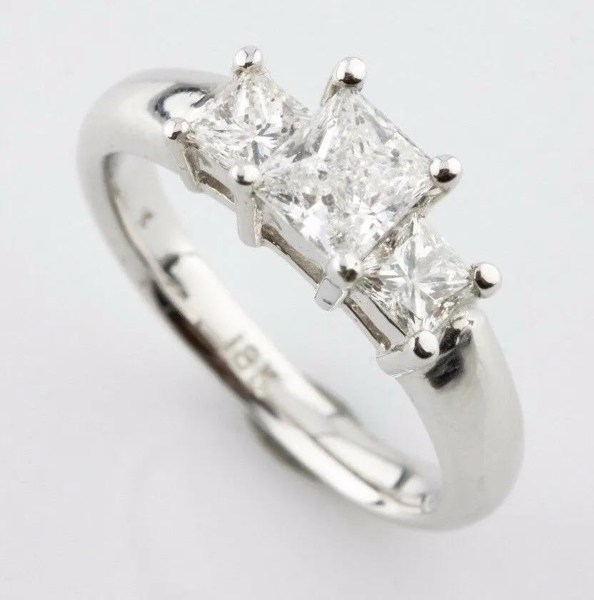 1.26 carat Princess Cut Diamond 3-Stone 18k White Gold Engagement Ring Size 6.5