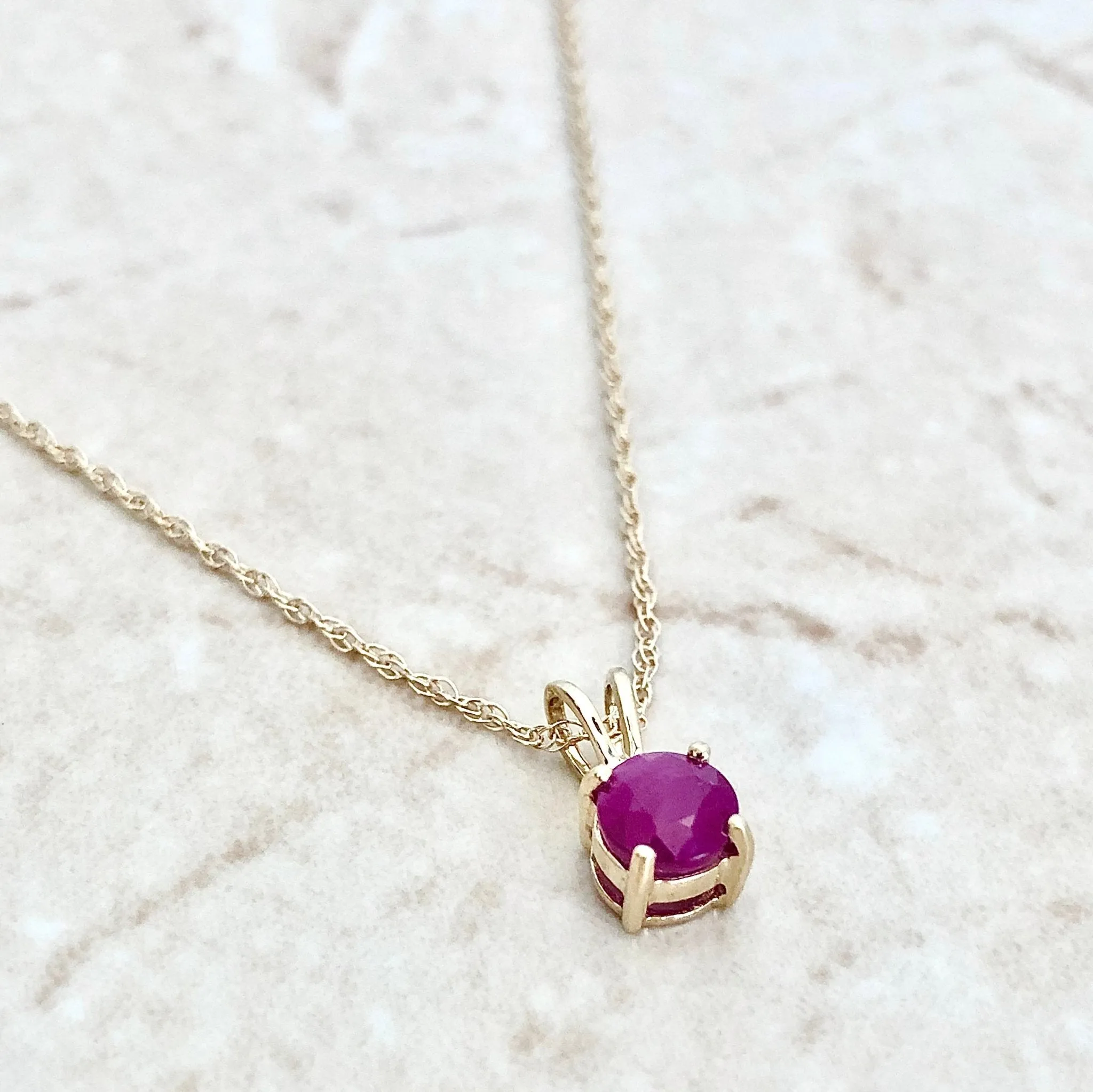 14 Karat Yellow Gold July Birthstone Natural Round Ruby Solitaire Pendant Necklace