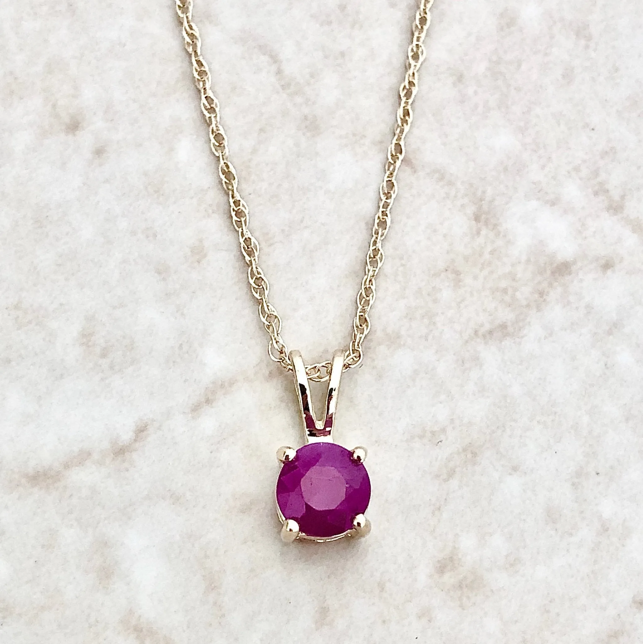 14 Karat Yellow Gold July Birthstone Natural Round Ruby Solitaire Pendant Necklace