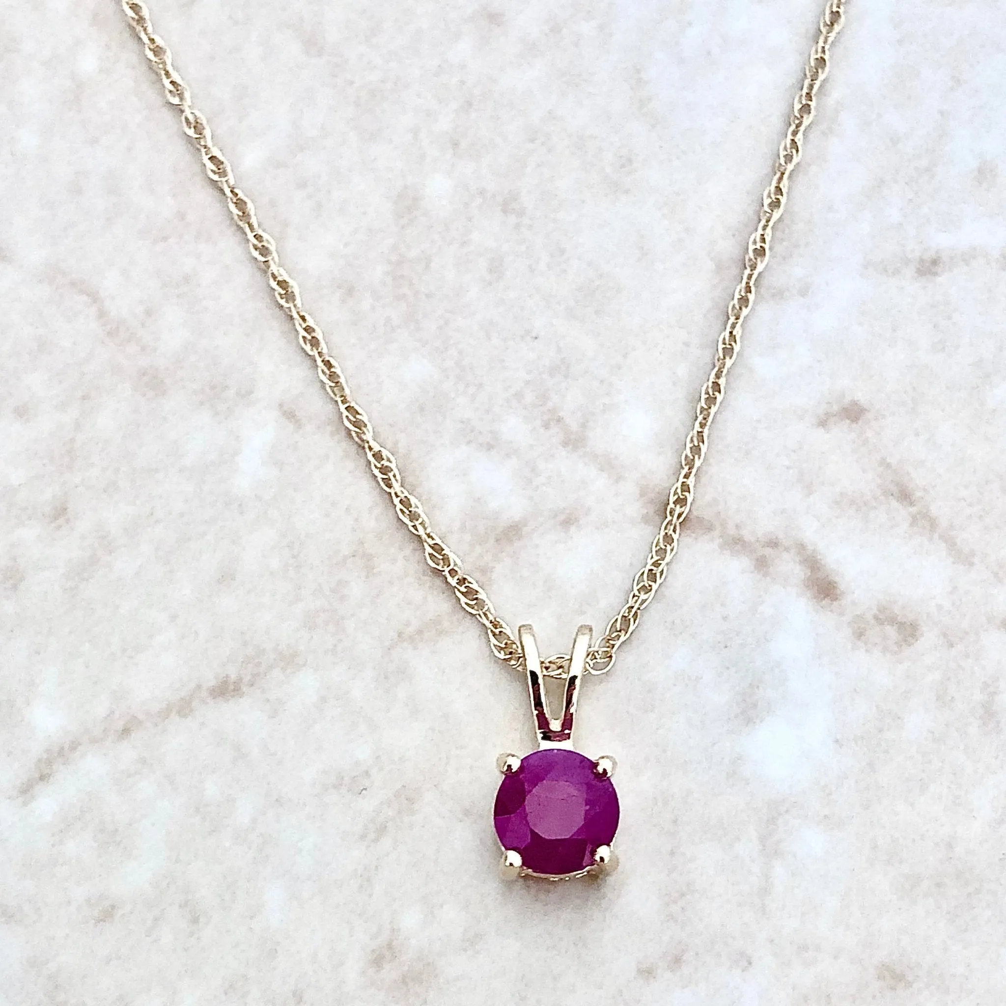 14 Karat Yellow Gold July Birthstone Natural Round Ruby Solitaire Pendant Necklace