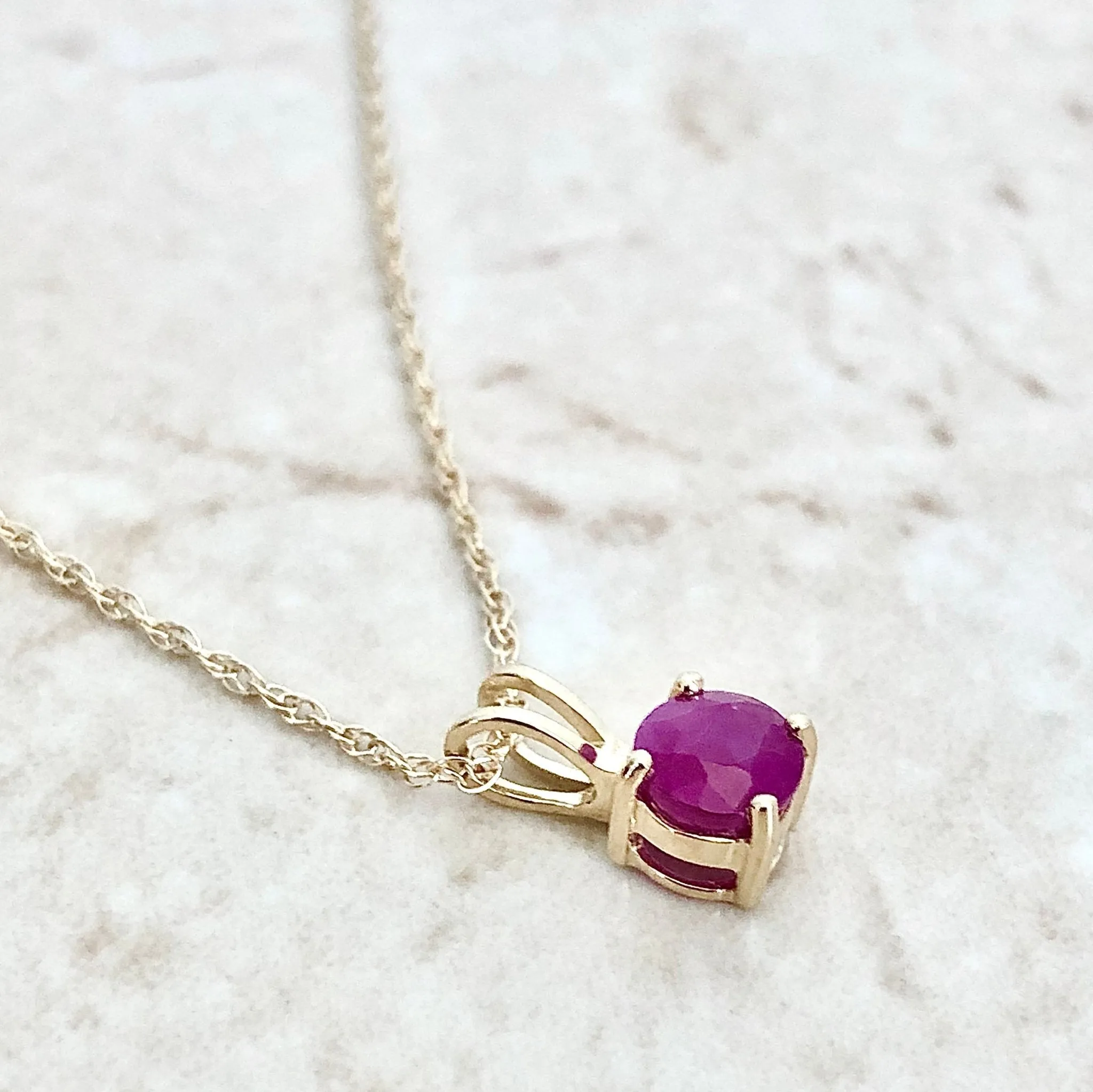 14 Karat Yellow Gold July Birthstone Natural Round Ruby Solitaire Pendant Necklace