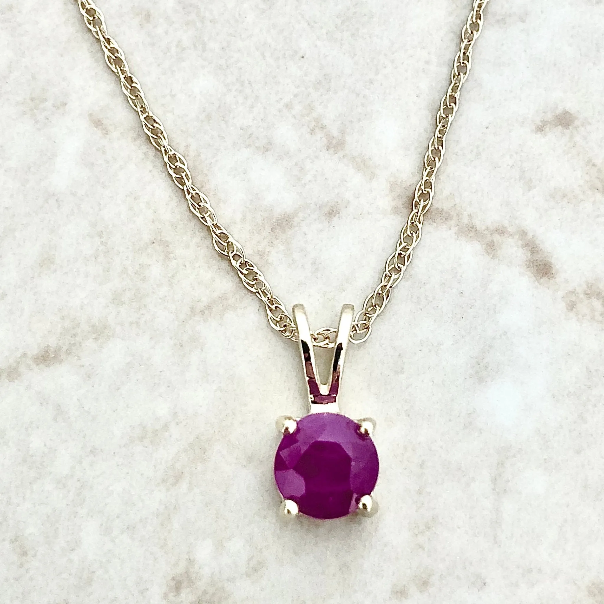 14 Karat Yellow Gold July Birthstone Natural Round Ruby Solitaire Pendant Necklace