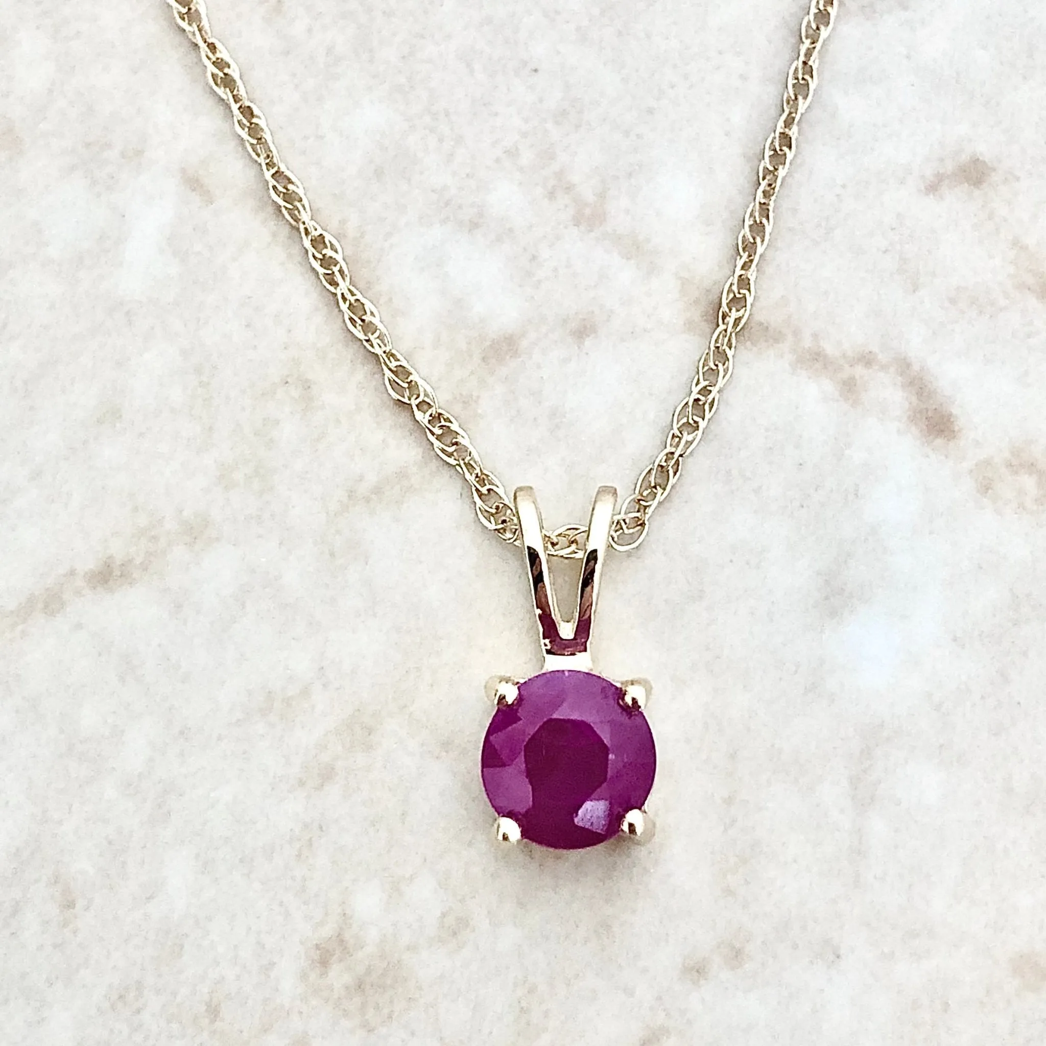 14 Karat Yellow Gold July Birthstone Natural Round Ruby Solitaire Pendant Necklace