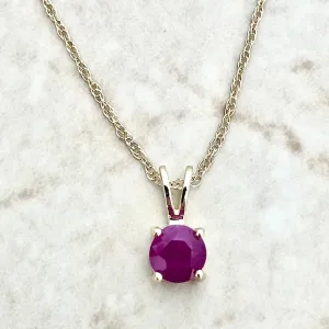14 Karat Yellow Gold July Birthstone Natural Round Ruby Solitaire Pendant Necklace