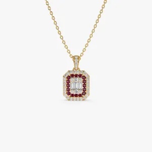 14k Baguette and Round Ruby Necklace with Halo Setting
