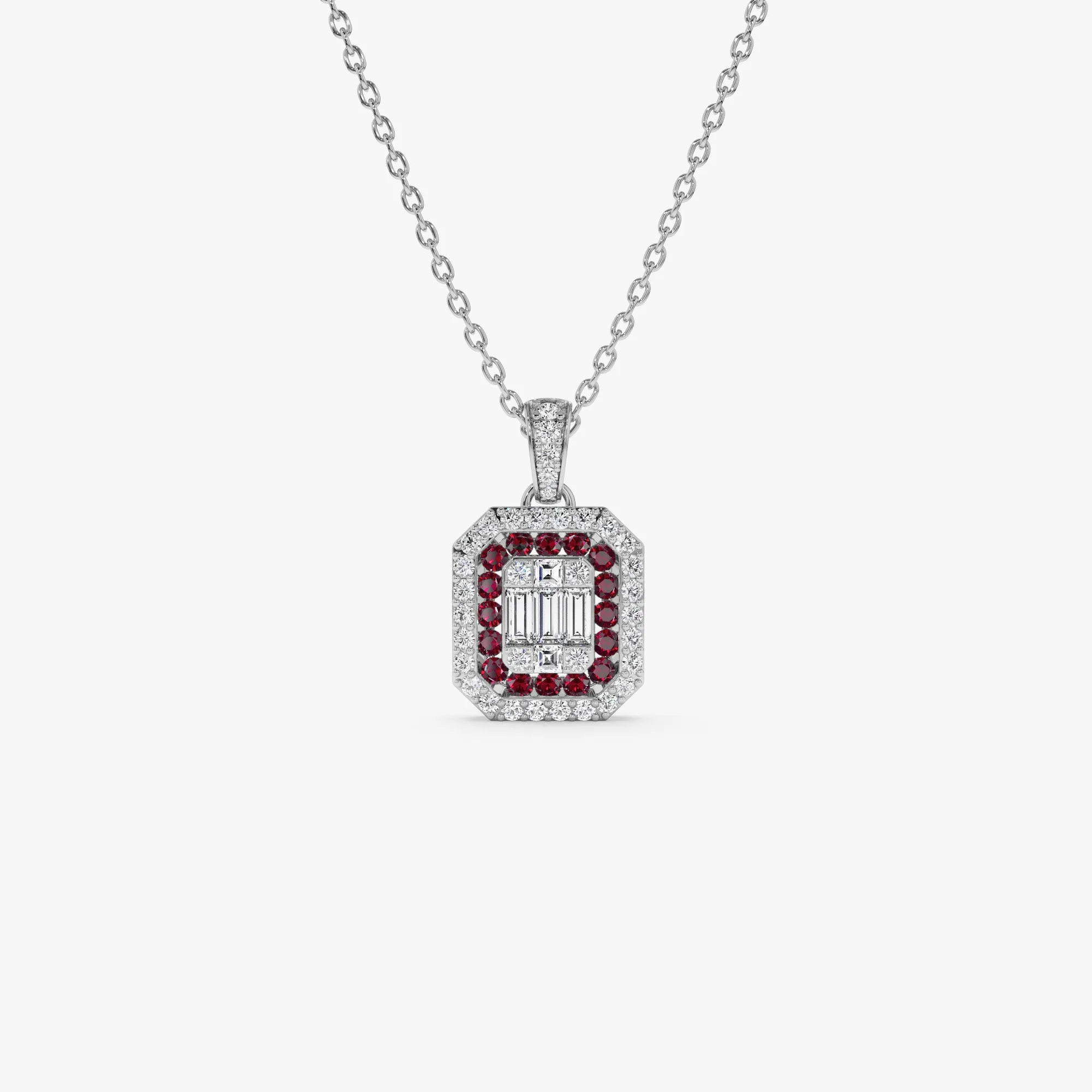 14k Baguette and Round Ruby Necklace with Halo Setting