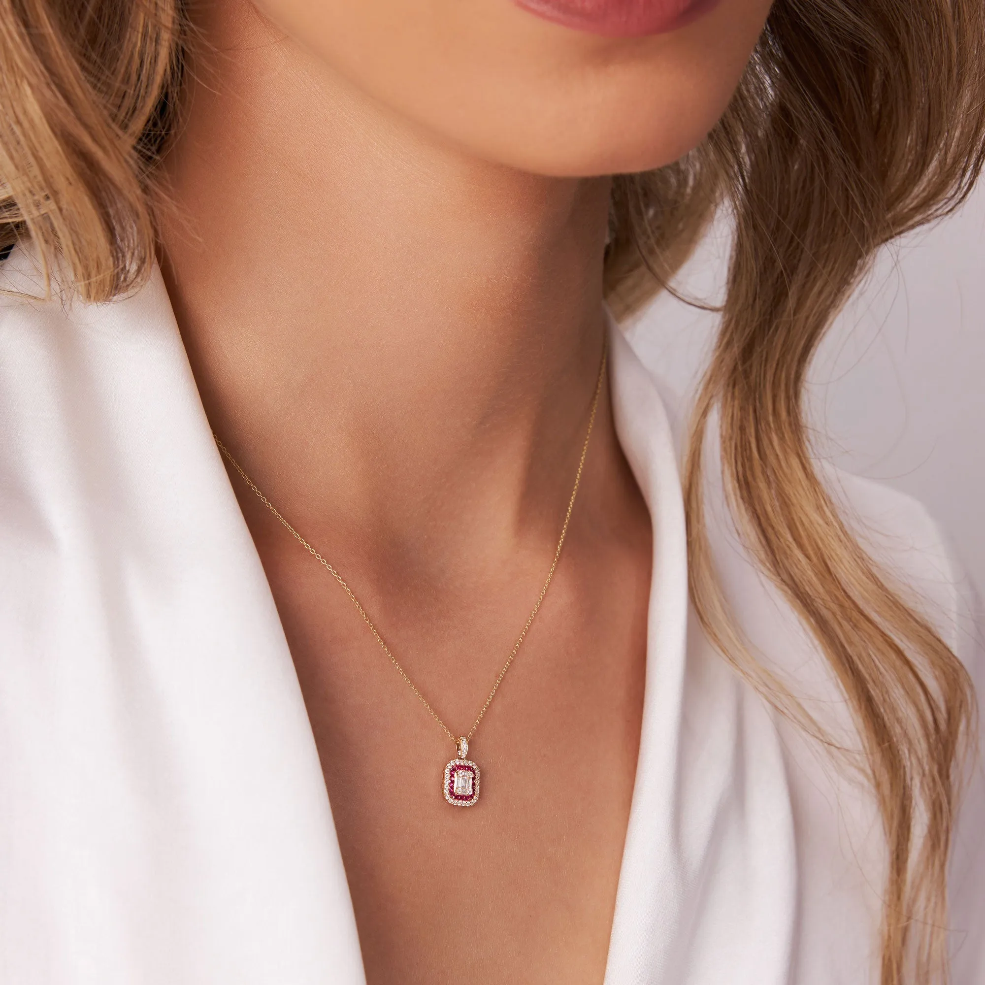 14k Baguette and Round Ruby Necklace with Halo Setting