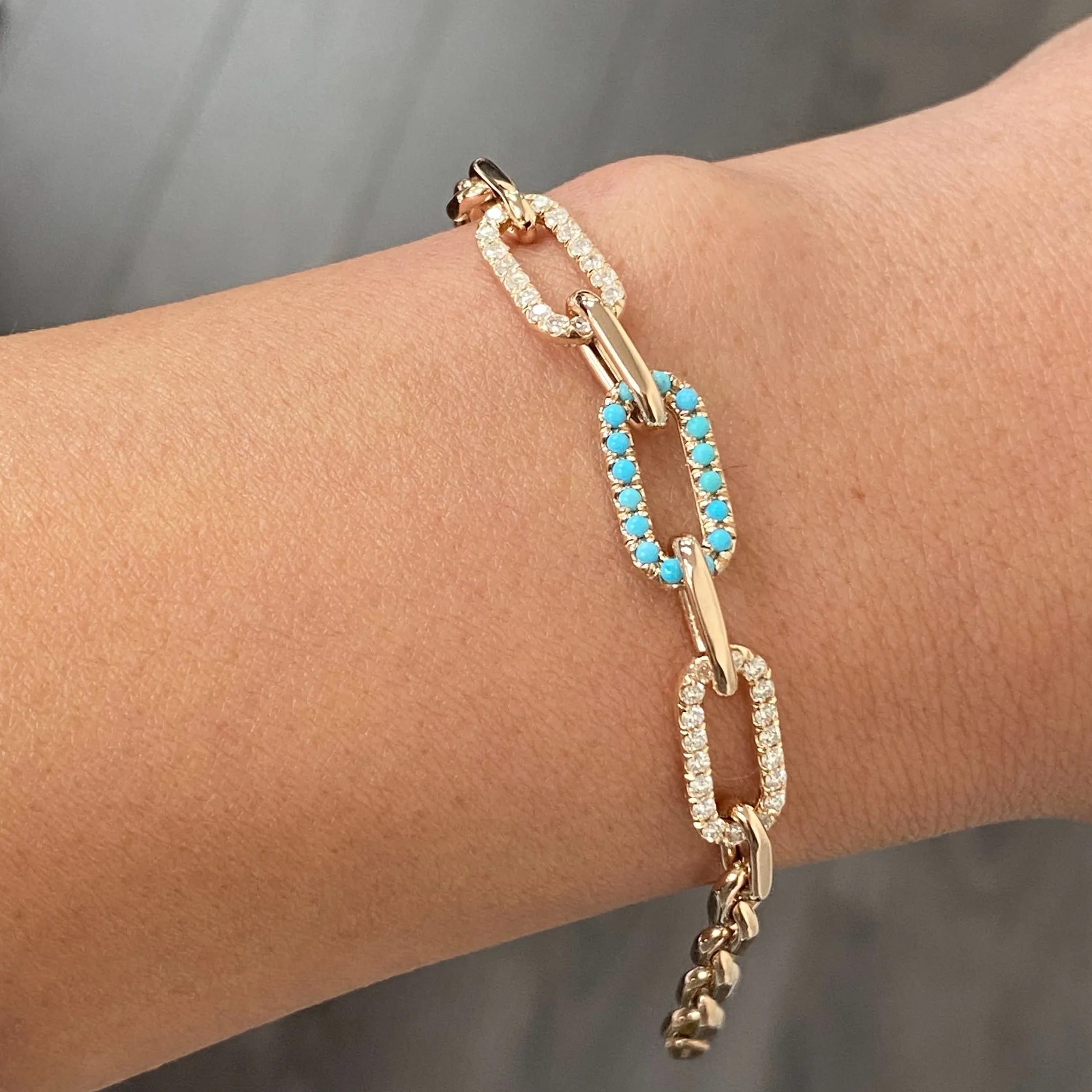 14K Gold Alternating Triple Diamond & Turquoise Thick Oval Link Bracelet ~ Small Links