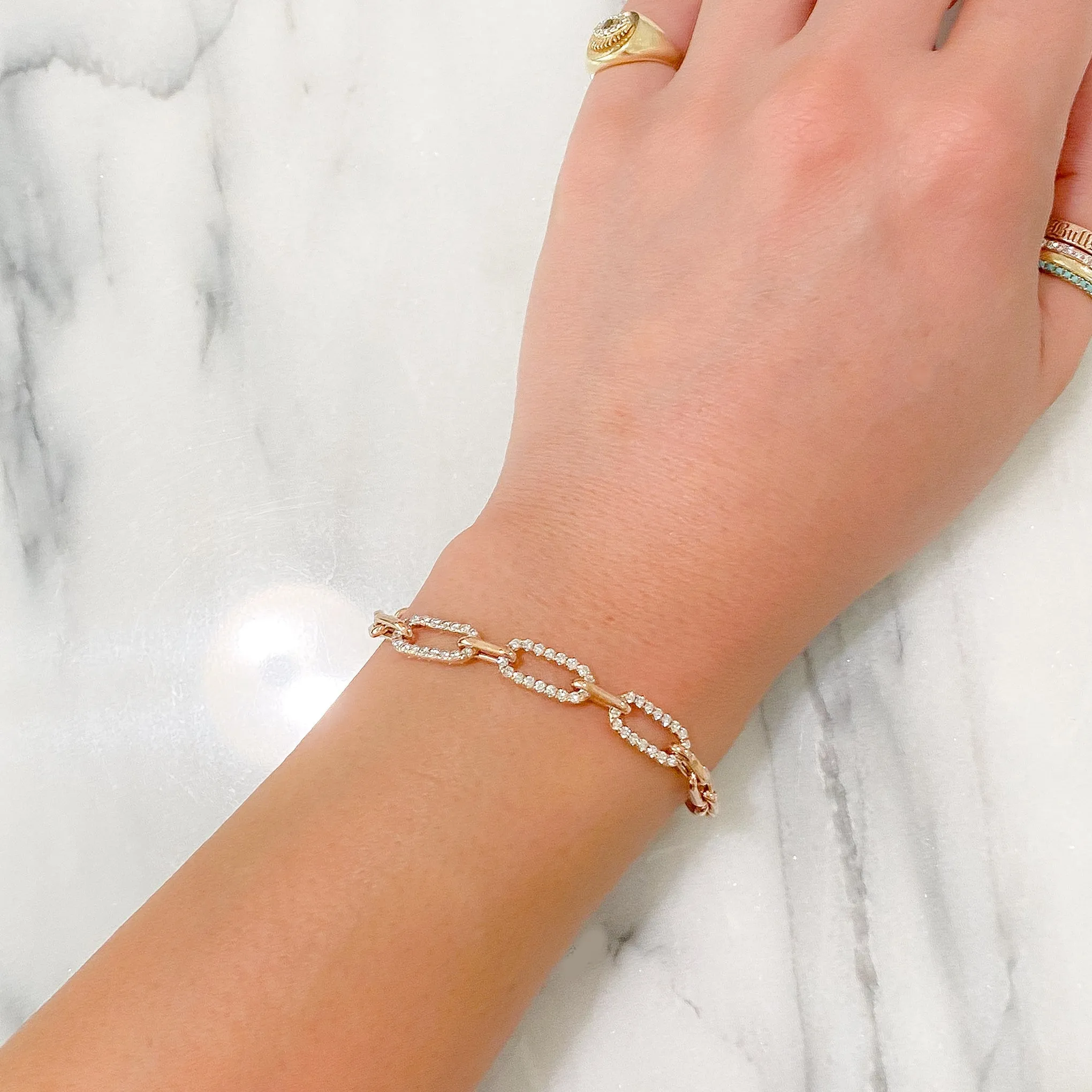 14K Gold Alternating Triple Diamond & Turquoise Thick Oval Link Bracelet ~ Small Links