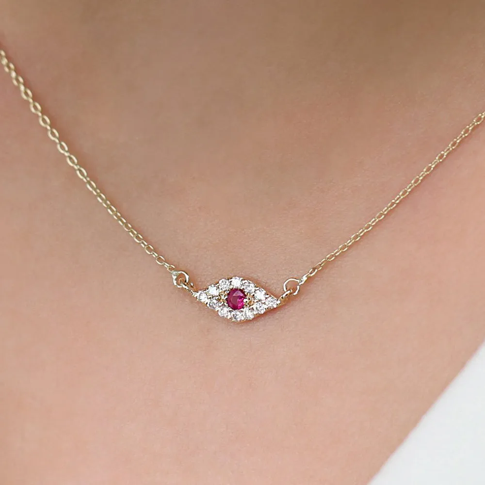 14K Gold Diamond and Ruby Evil Eye Necklace