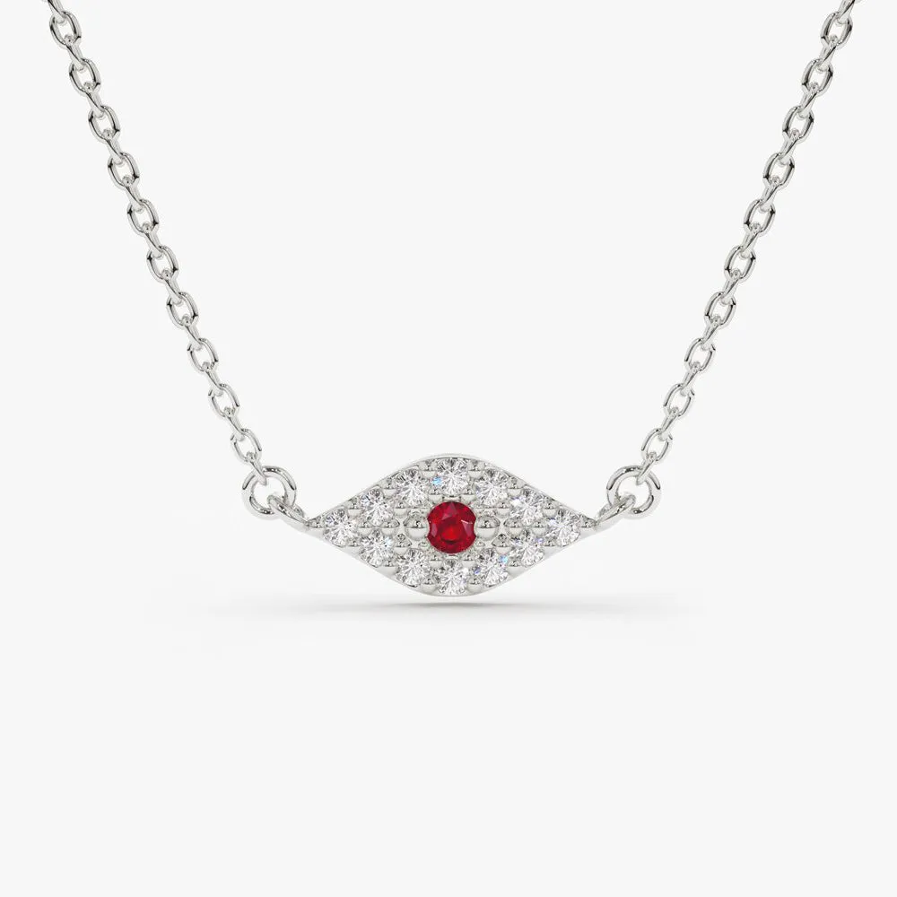 14K Gold Diamond and Ruby Evil Eye Necklace