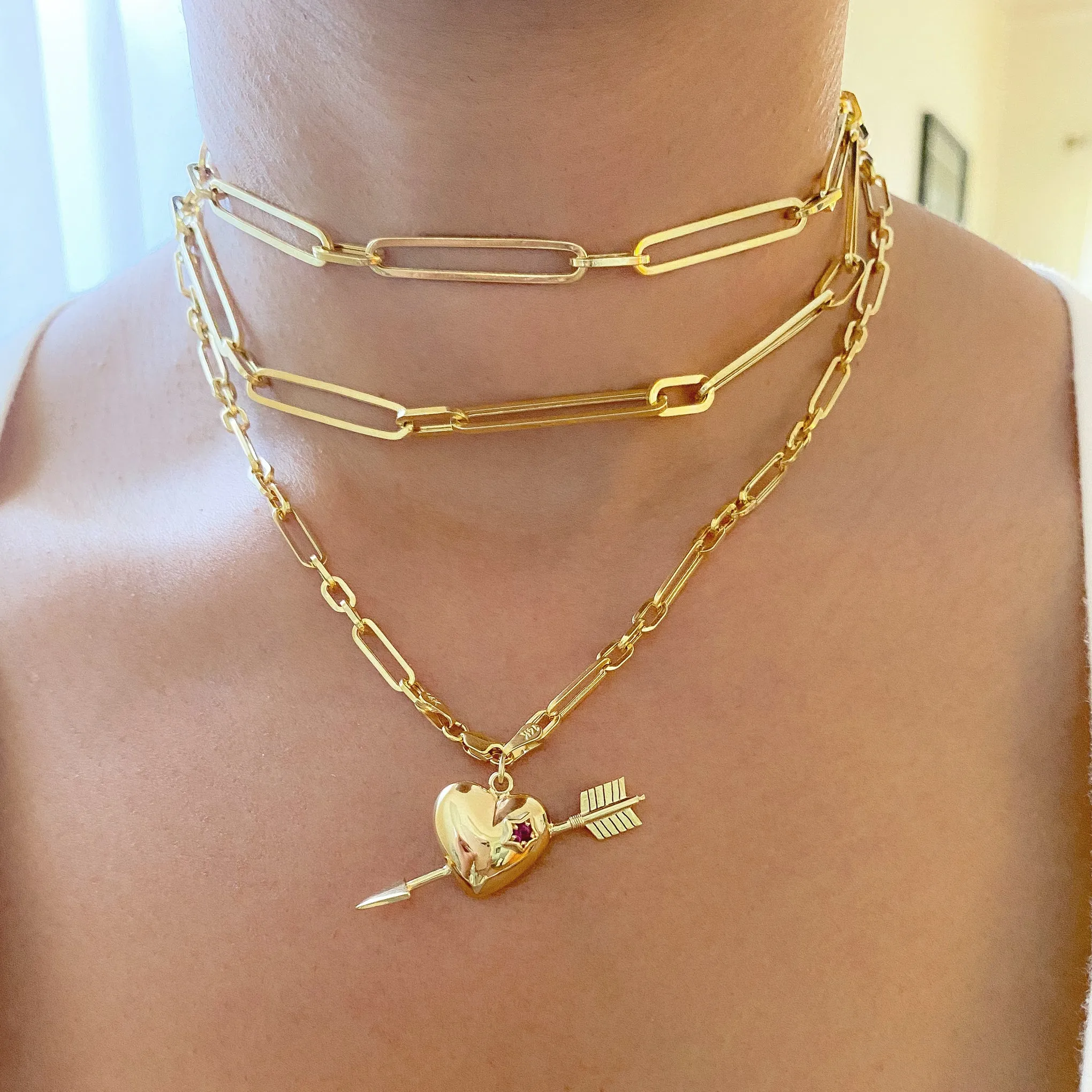 14K Gold Ruby Pierced Heart Charm Necklace