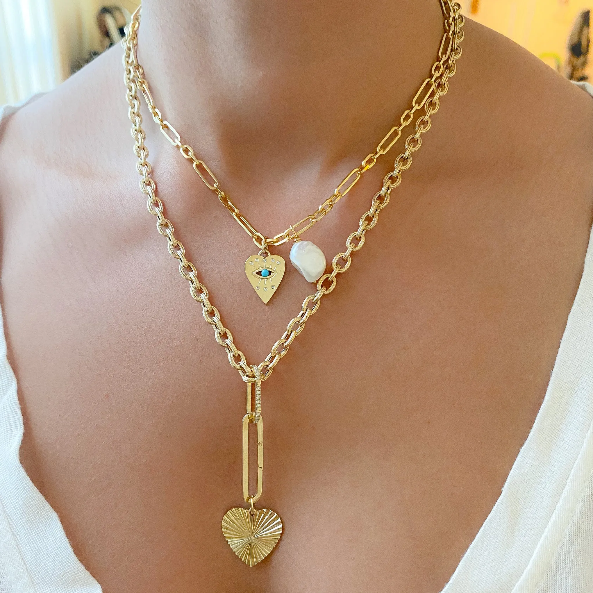 14K Gold Single Diamond Detail Evil Eye Heart Medallion Necklace, Available with Turquoise, Ruby or Sapphire Centerstone