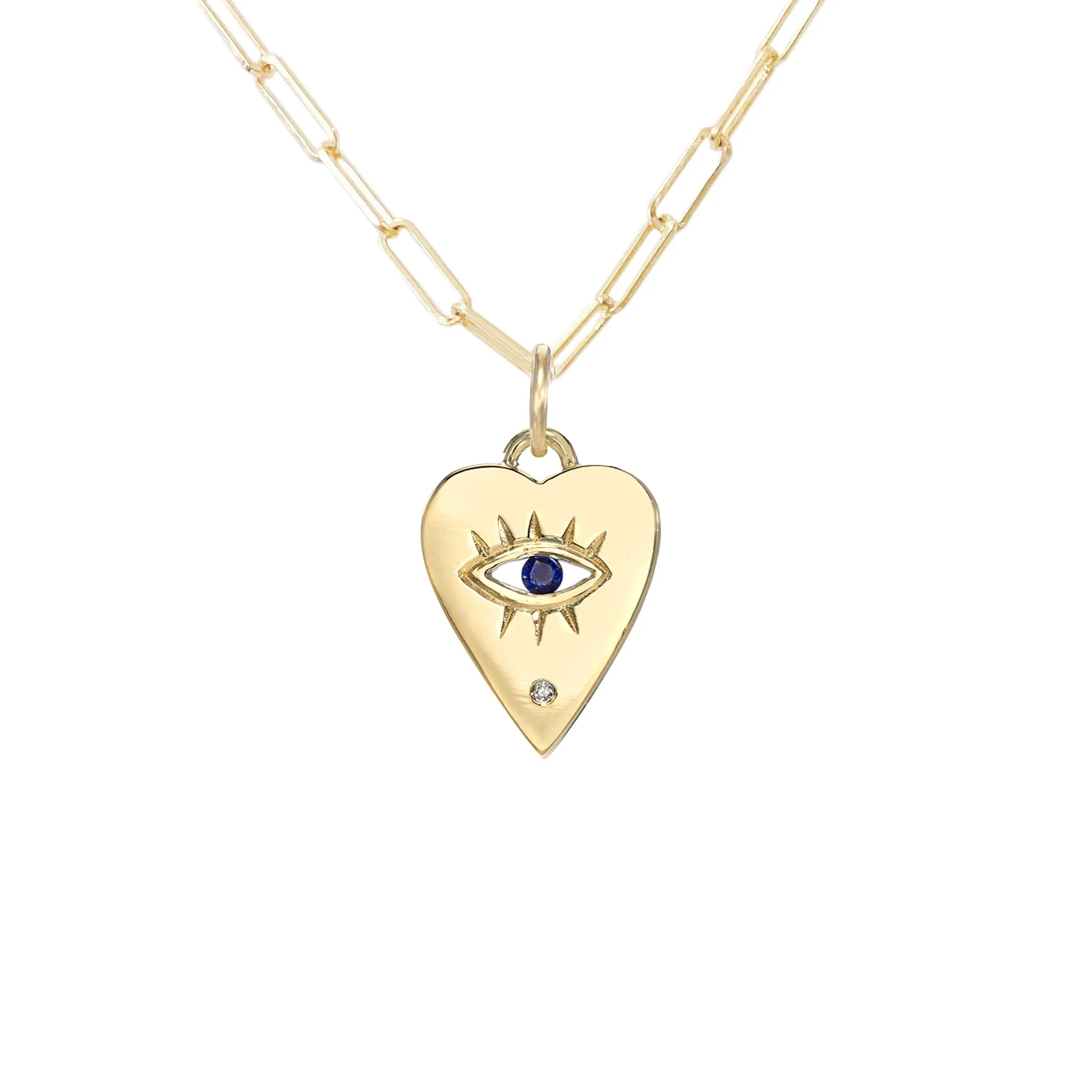 14K Gold Single Diamond Detail Evil Eye Heart Medallion Necklace, Available with Turquoise, Ruby or Sapphire Centerstone