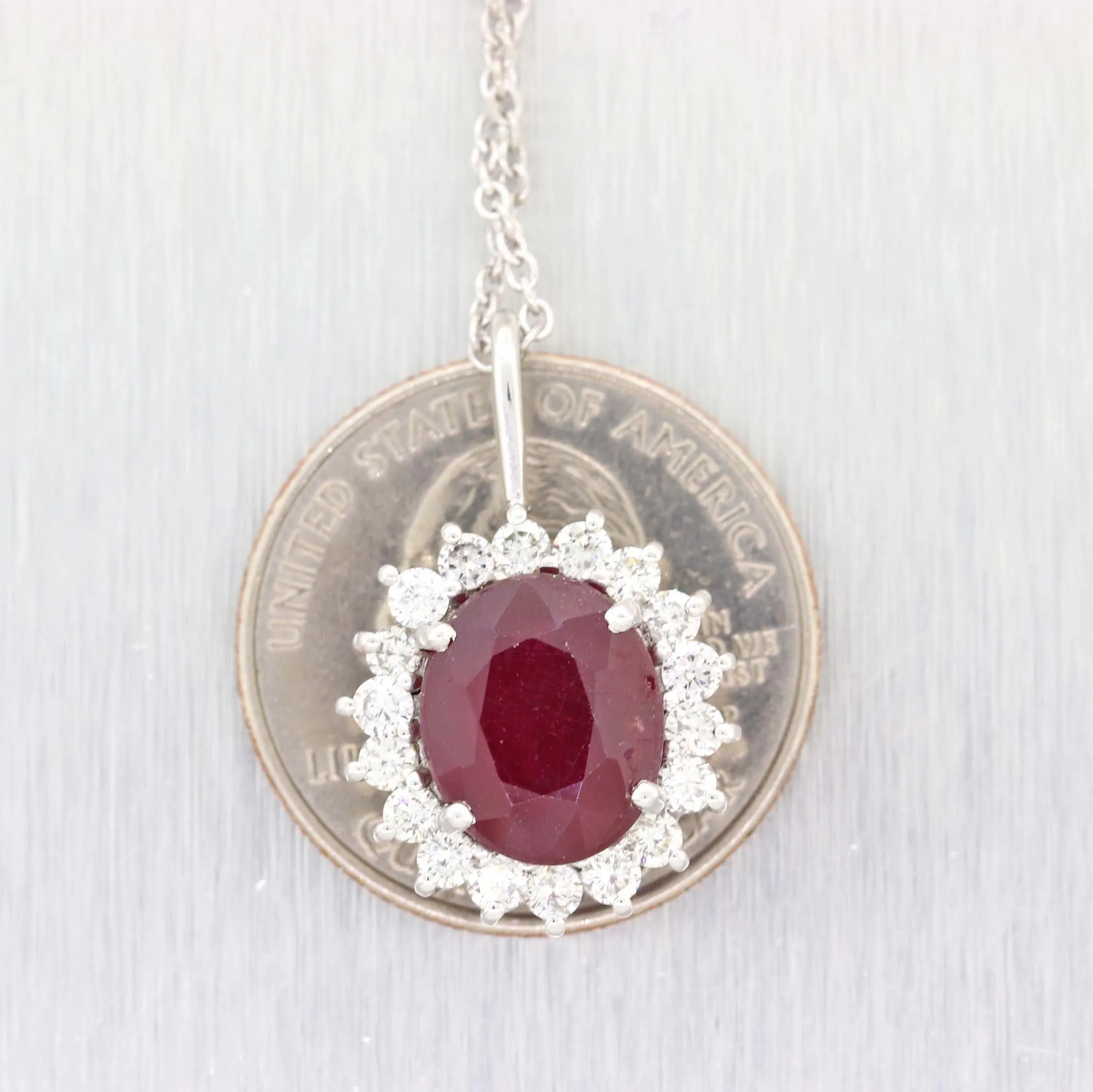 14k Platinum Glass Filled Ruby 1.00ctw Diamond Halo Pendant Chain Necklace A9