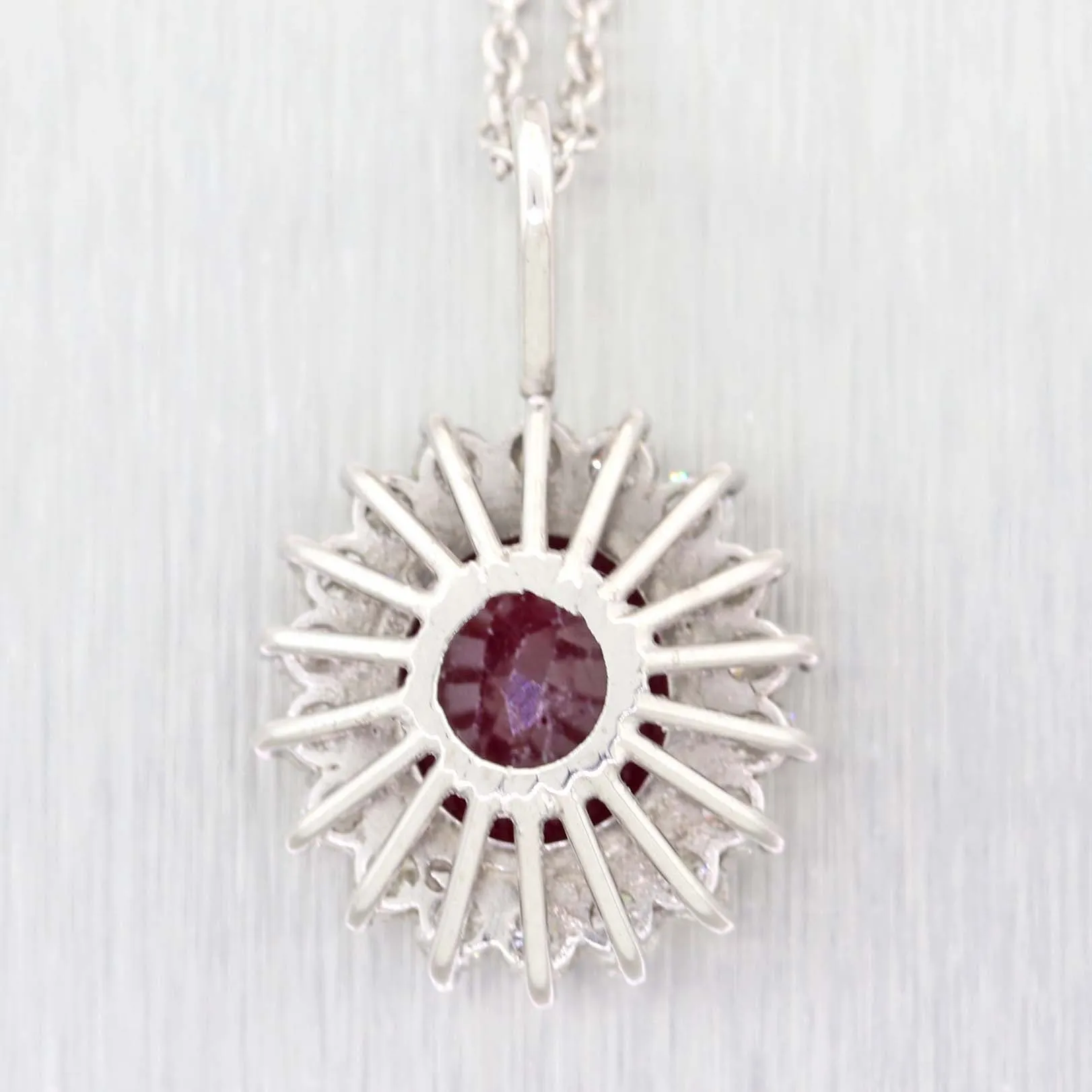 14k Platinum Glass Filled Ruby 1.00ctw Diamond Halo Pendant Chain Necklace A9
