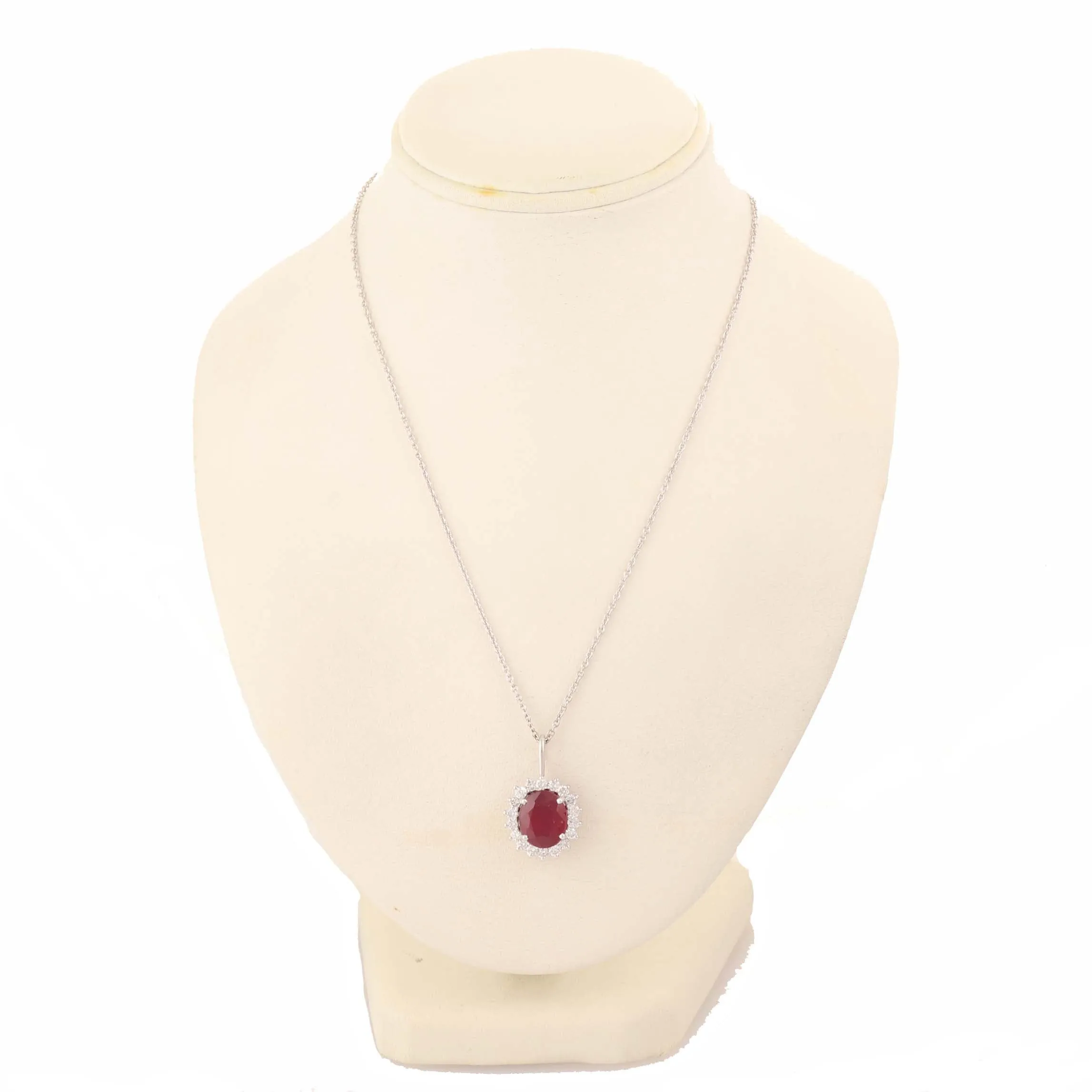 14k Platinum Glass Filled Ruby 1.00ctw Diamond Halo Pendant Chain Necklace A9