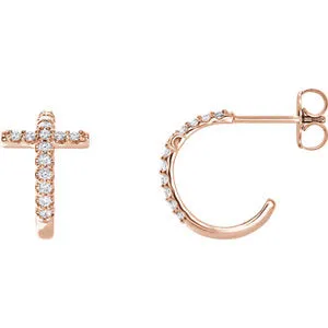 14K Rose 1/4 CTW Diamond Cross J-Hoop Earrings