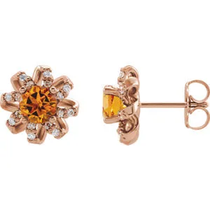 14K Rose Citrine & 1/6 CTW Diamond Halo-Style Earrings