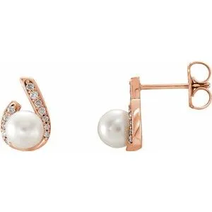 14K Rose  Freshwater Pearl & 1/10 CTW Diamond Earrings