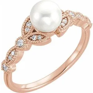 14K Rose Freshwater Pearl & 1/10 CTW Diamond Leaf Ring