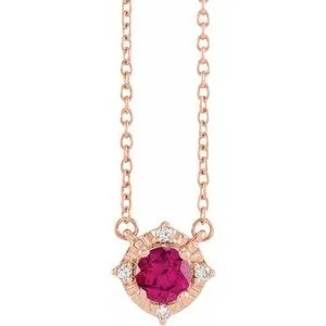 14K Rose Lab-Grown Ruby & .04 CTW Natural Diamond Halo-Style 18" Necklace