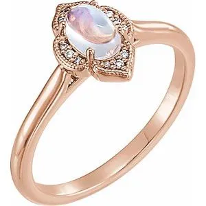14K Rose Rainbow Moonstone & .03 CTW Diamond Clover Cabochon Ring