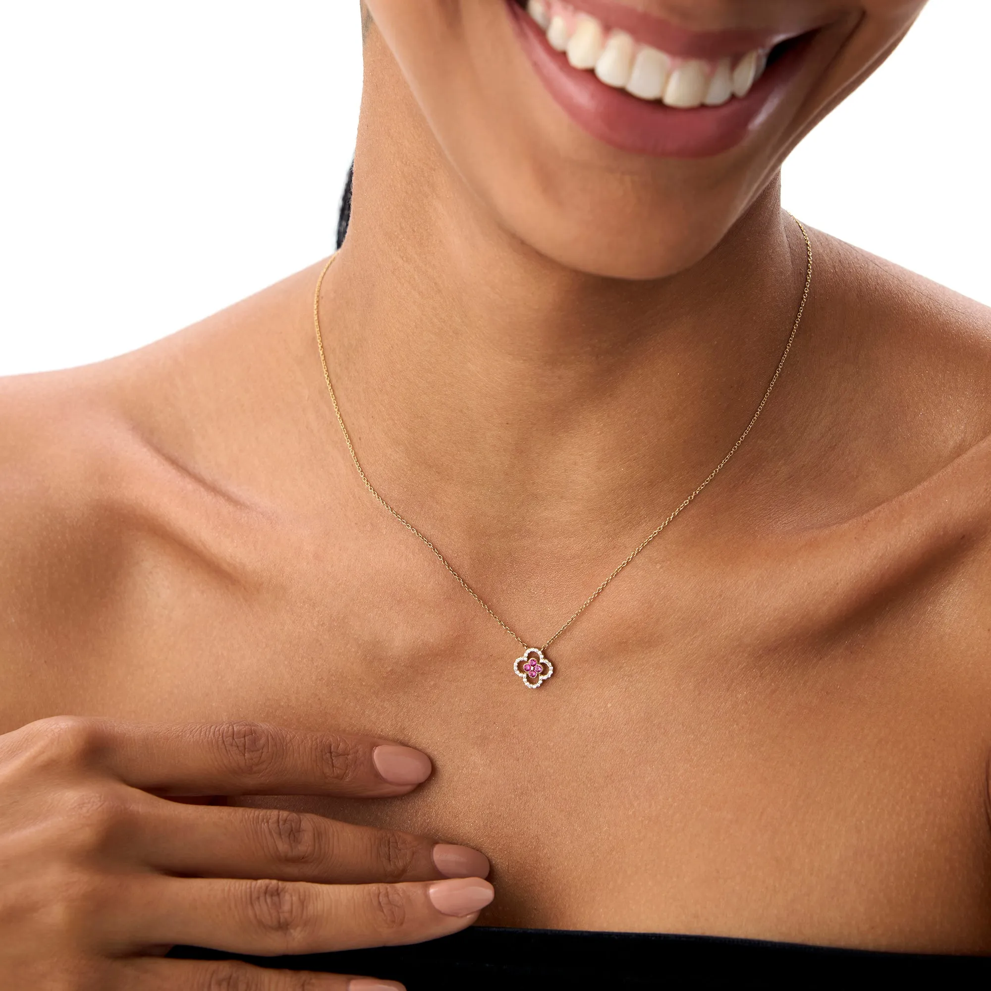 14k Ruby Clover Necklace in Halo Setting