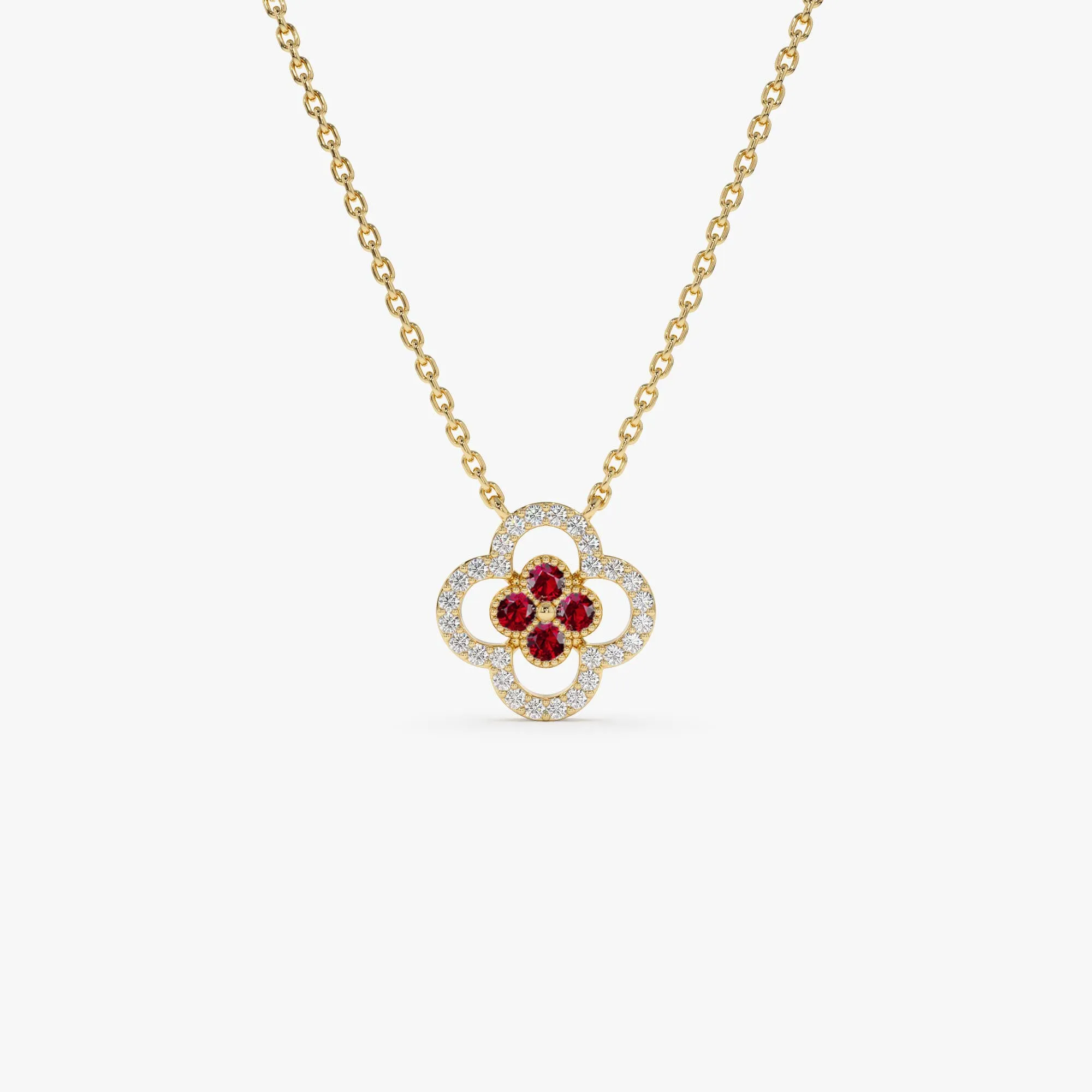 14k Ruby Clover Necklace in Halo Setting