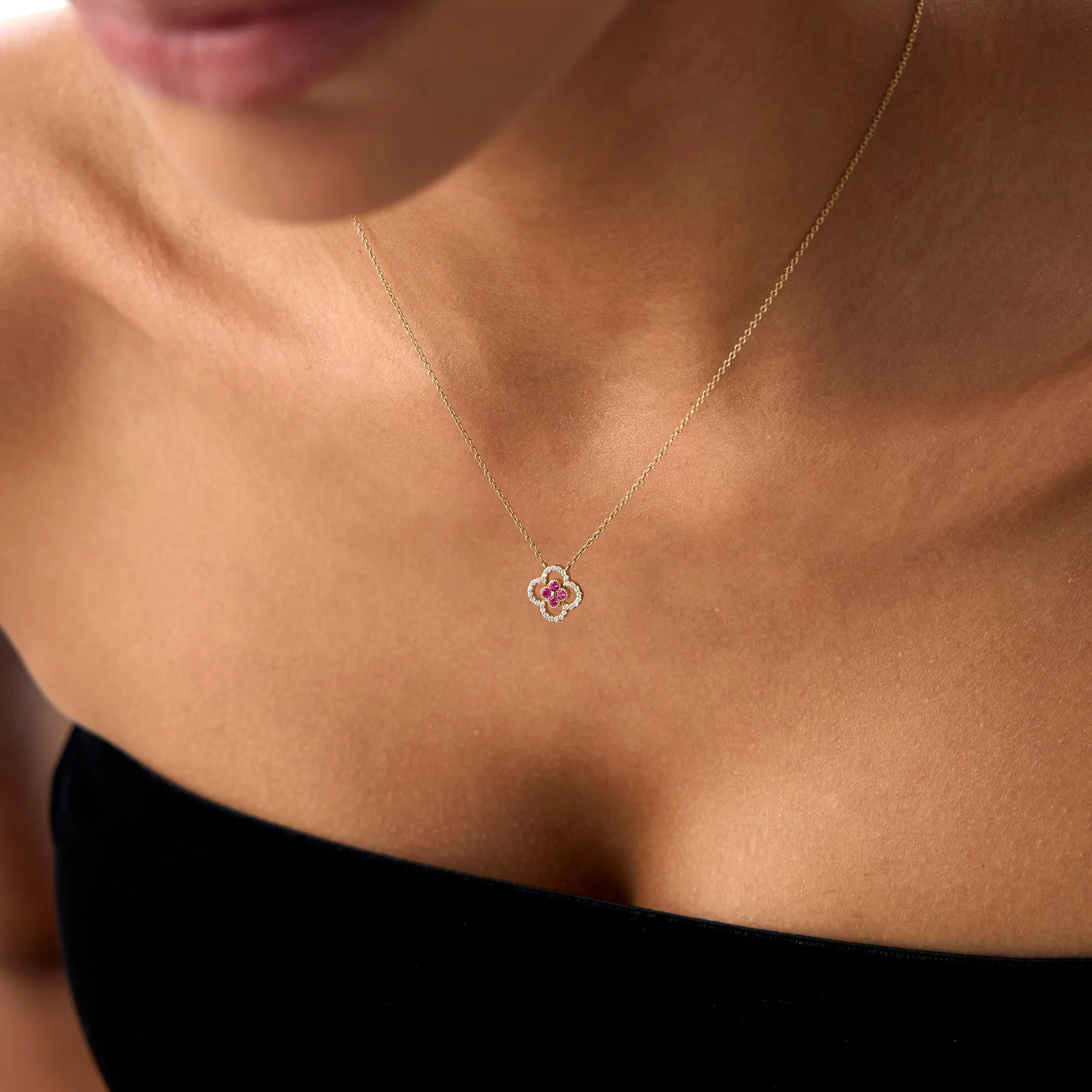 14k Ruby Clover Necklace in Halo Setting
