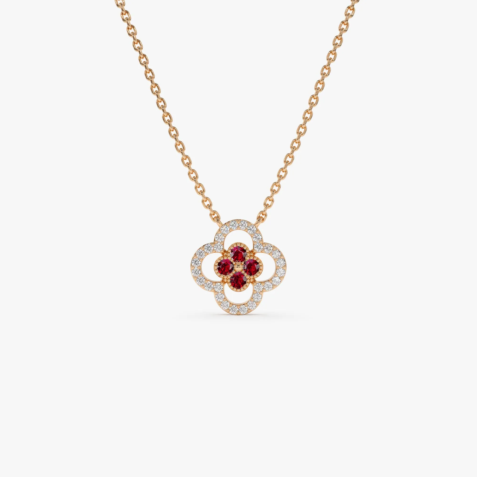14k Ruby Clover Necklace in Halo Setting