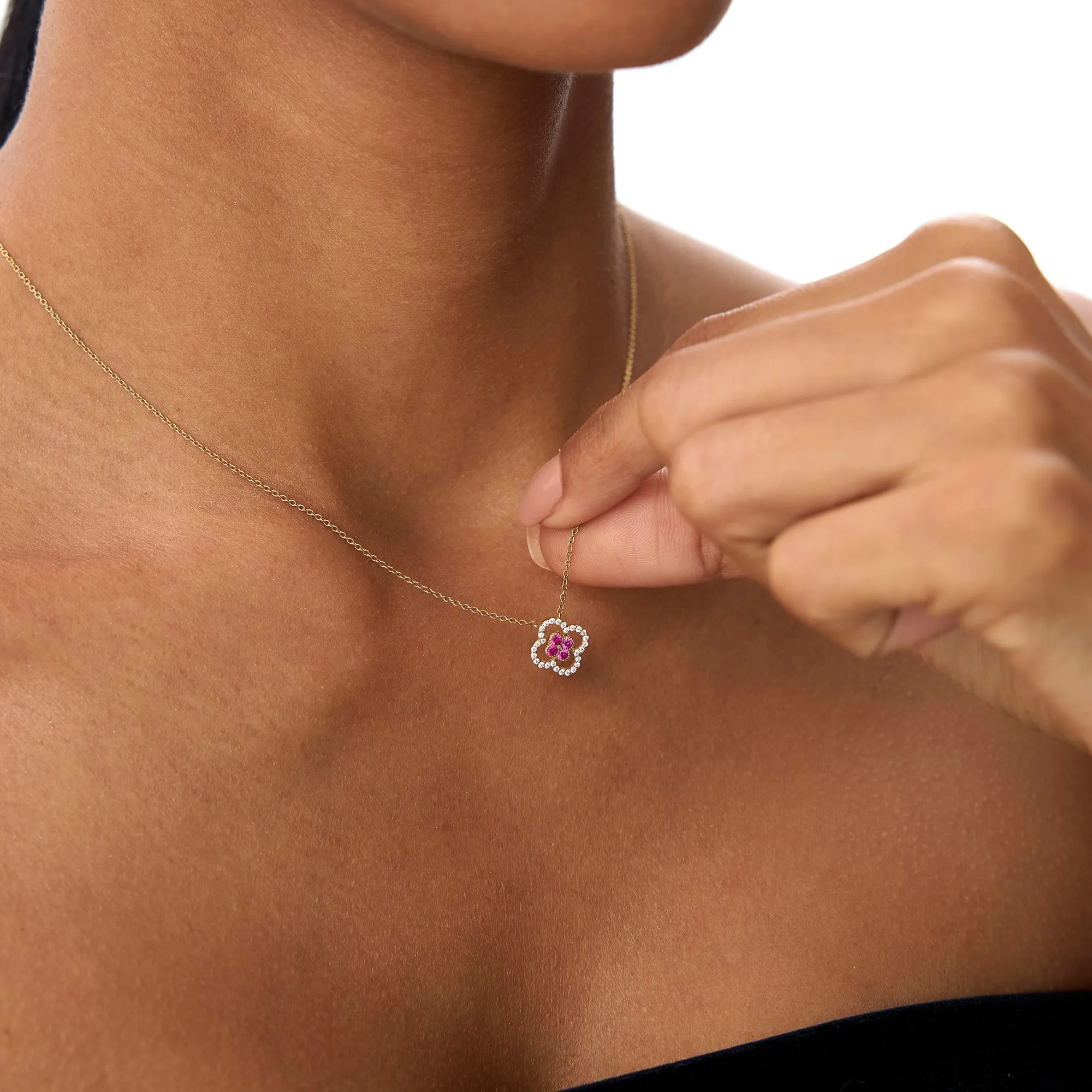 14k Ruby Clover Necklace in Halo Setting