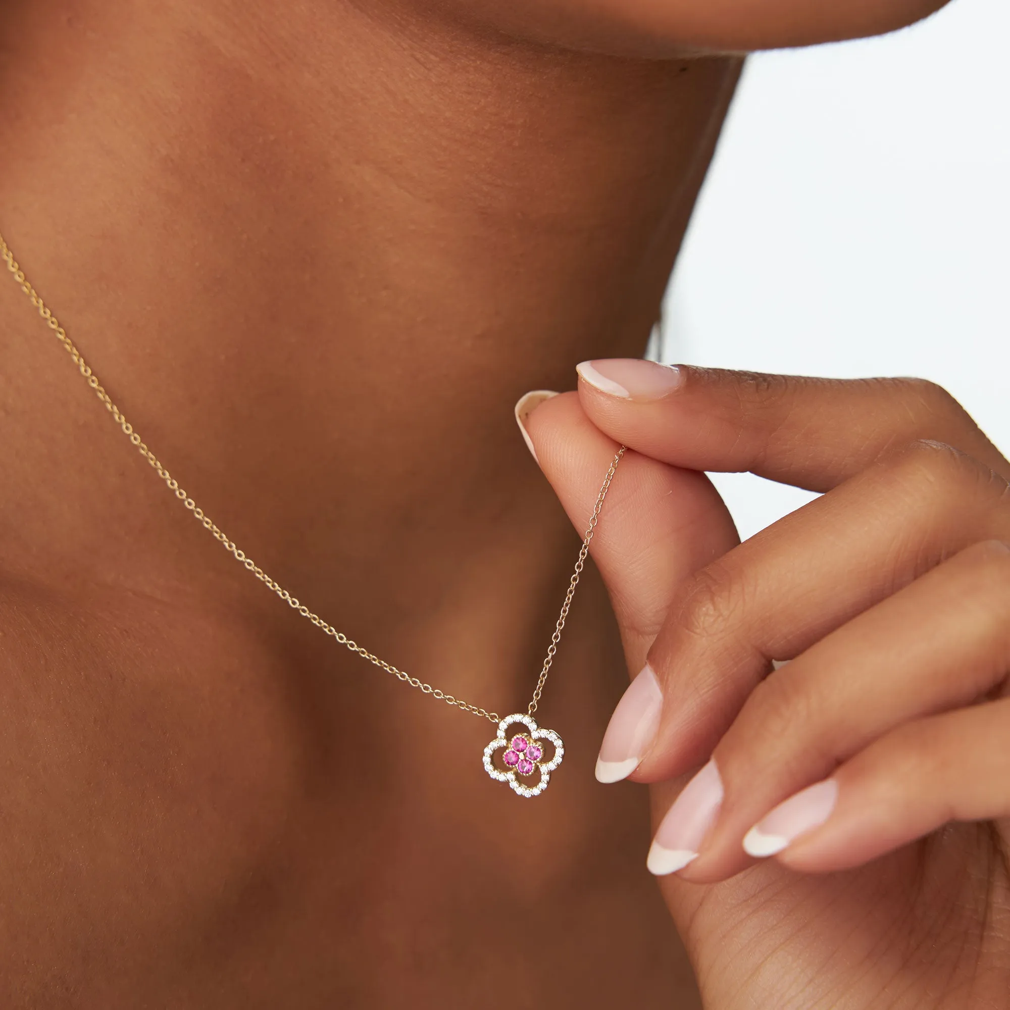 14k Ruby Clover Necklace in Halo Setting