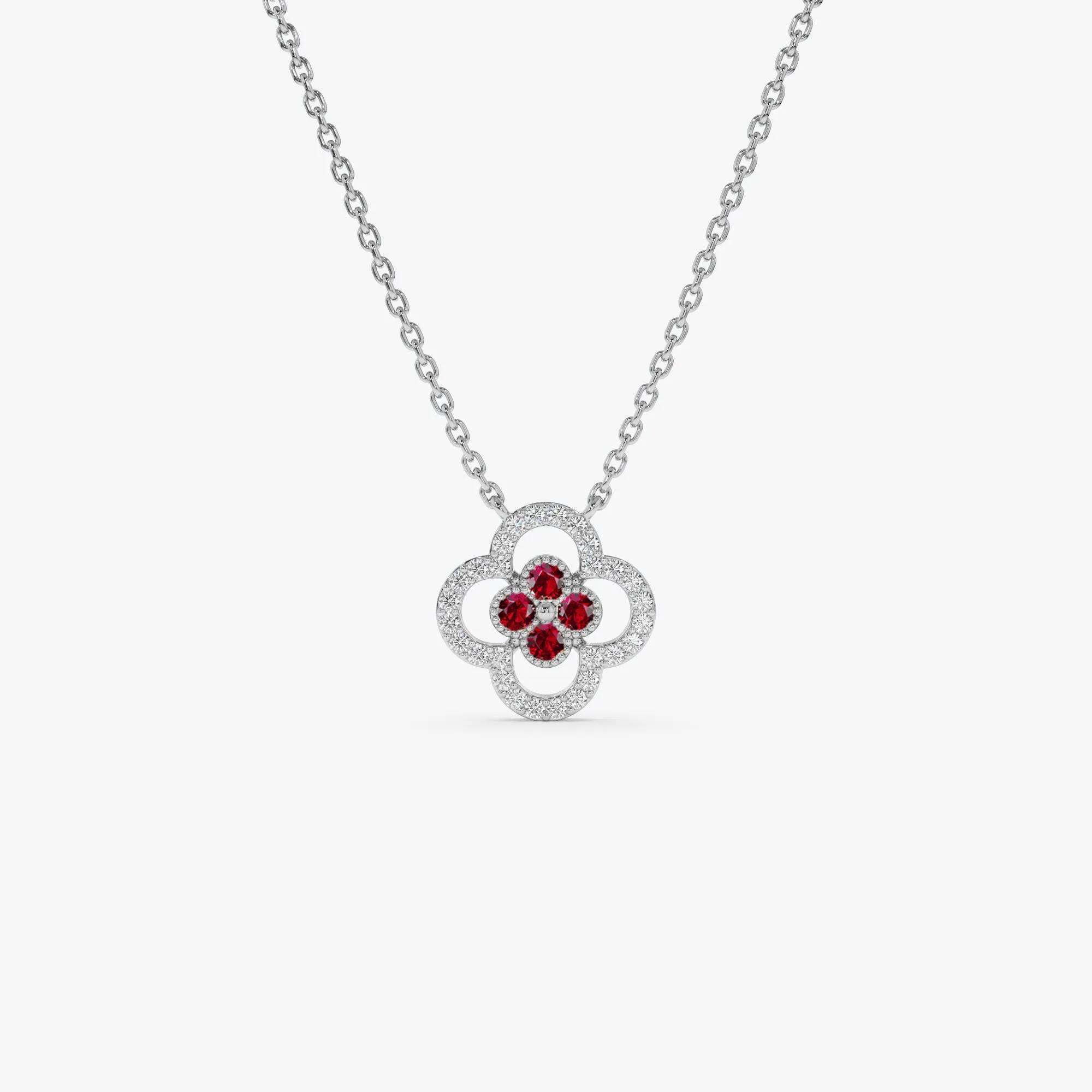 14k Ruby Clover Necklace in Halo Setting