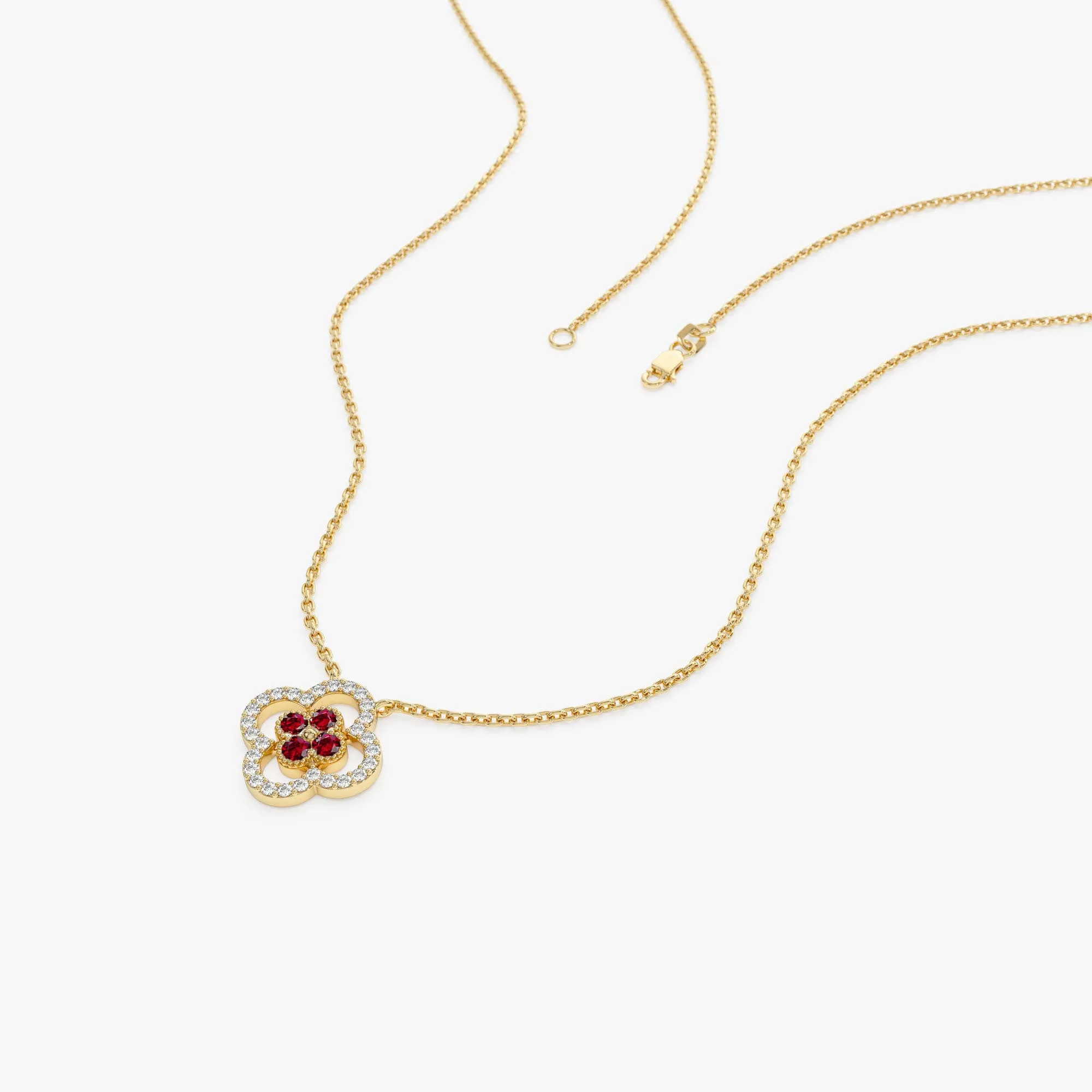 14k Ruby Clover Necklace in Halo Setting