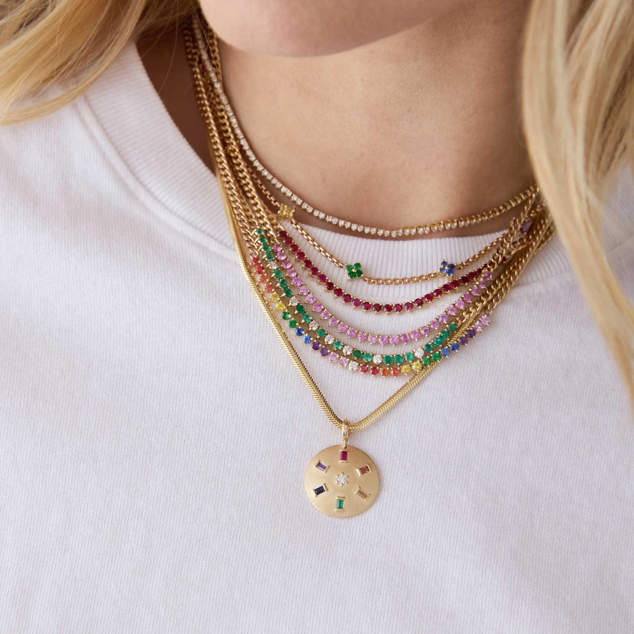 14k Ruby Tennis Segment Small Curb Chain Necklace